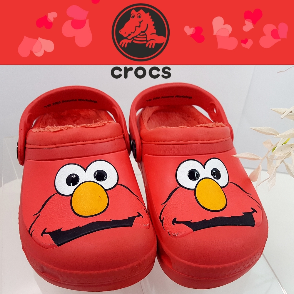 🔖CROCS Fuzzy Plush🐹Lined Unisex Kids Clogs❤Red Sesame Street Elmo Face